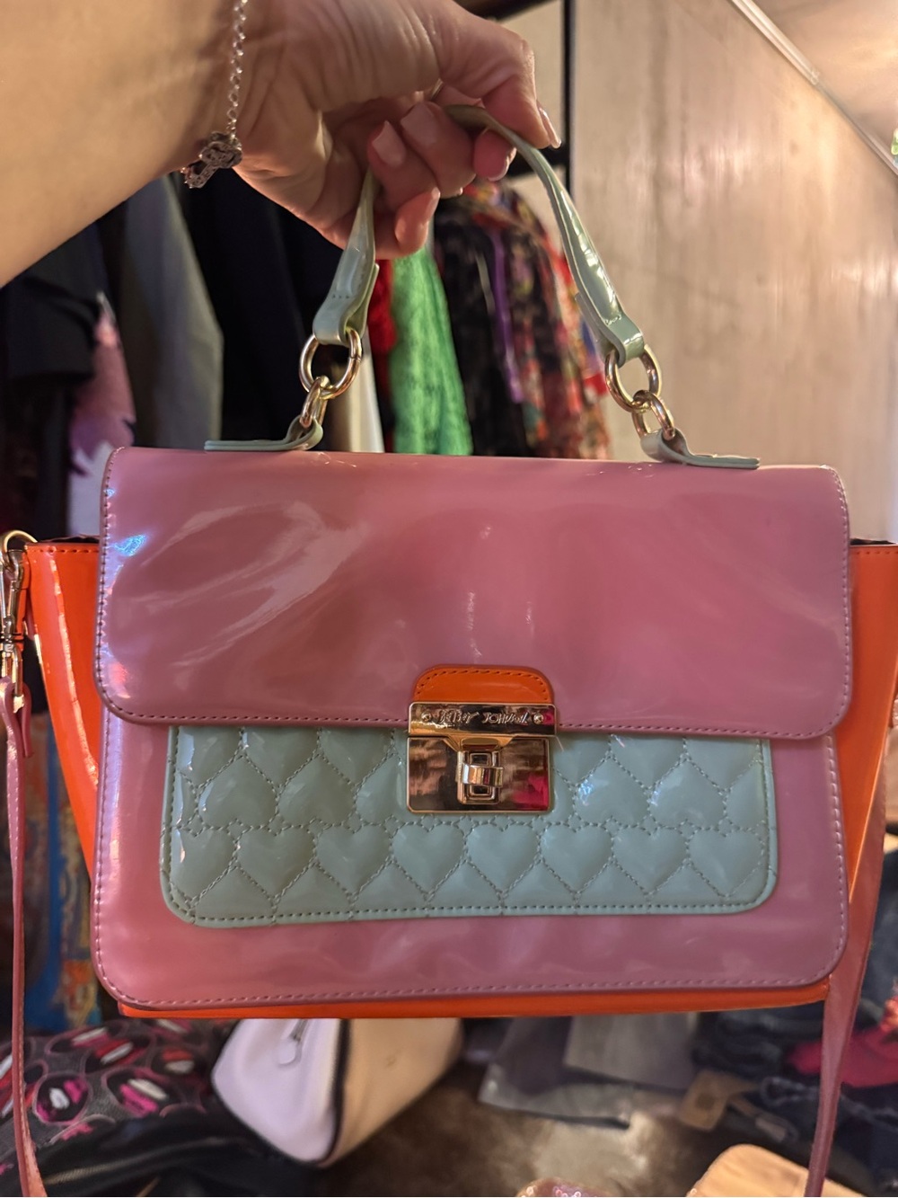 Betsey Johnson Pink, Mint & Orange Patent Colorblock Satchel
